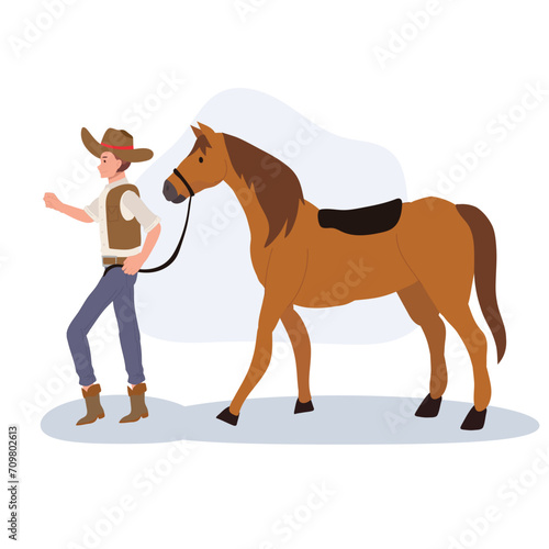 Western Lifestyle. Flat Cartoon Cowboy Walking with Horse