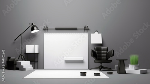 Image for presentation. Sheets of large Whatman paper for design on the wall. Identity, brand book, corporate style development. Leather computer chair, lamp and green plant. Minimalism.