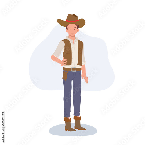 Full-length flat cartoon cowboy. vintage western character illustration