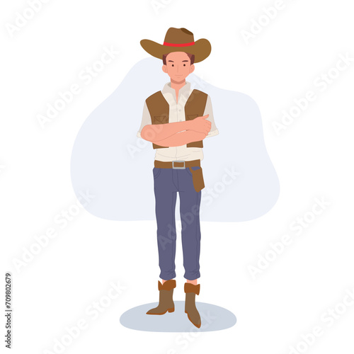 Full-length flat cartoon cowboy. vintage western character illustration