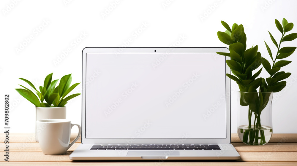 Image for presentation. Laptop with white screen. Mockup for advertising websites and landing pages. Glass container with water and plant petals. Wooden table, bright background. Image for presentation. Laptop with white screen. Mockup for advertising websites and landing pages. Glass container with water and plant petals. Wooden table, bright background.