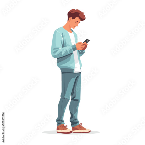 A man is looking at his phone , full-length on a white background, flat illustration