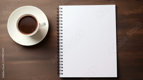 Identity, brand book, corporate style development. Dark table with a mug, empty sheet of paper, chalk, diary. Image for advertising and presentation of stationery products.
