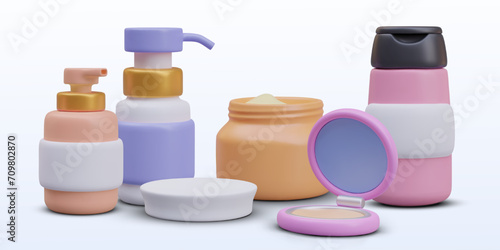 Composition with plastic bottles with dispenser, jar with cream, big bottle with shampoo for hair. Open case with cosmetic powder. Vector illustration in 3d style with white background