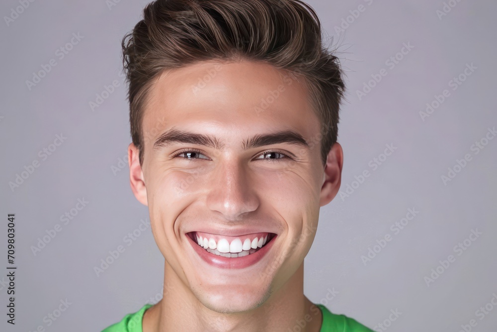 Portrait beautiful young model man with white teeth smile on grey background. Generative AI Portrait beautiful young model man with white teeth smile on grey background. Generative AI