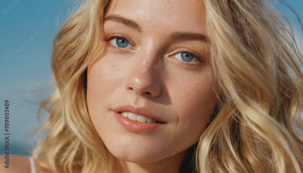 Young Blonde Woman Smiling at Camera with Wavy Hair and Freckles Young Blonde Woman Smiling at Camera with Wavy Hair and Freckles