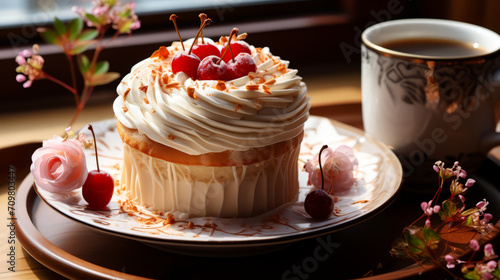Cake with cherries and cup of coffee on a wooden table.