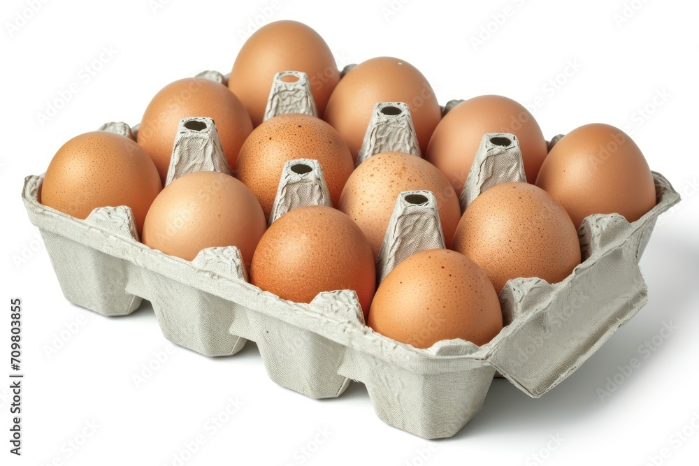 Dozen brown raw eggs in cardboard packaging tray. Generative AI
