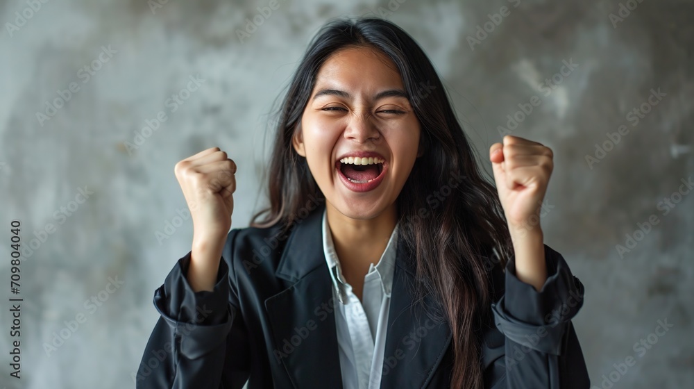 Businesswoman Success: A black-haired woman, smiling and shouting with happiness, shows success with her hand and finger, in a close-up studio shot. Businesswoman Success: A black-haired woman, smiling and shouting with happiness, shows success with her hand and finger, in a close-up studio shot.