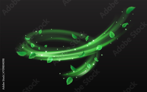 Green leaves and sparkles whirling flow of magic dust realistic vector illustration. Mystical nature power 3d element on black background