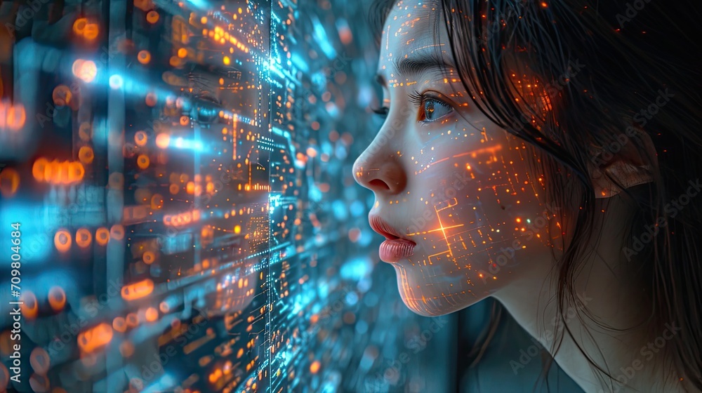 woman is looking at a graphical pattern with code computer on her face staring out at data woman is looking at a graphical pattern with code computer on her face staring out at data