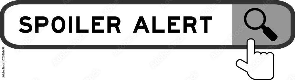 Search banner in word spoiler alert with hand over magnifier icon on white background Search banner in word spoiler alert with hand over magnifier icon on white background