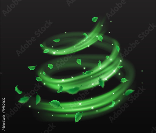 Green leaves and sparkles whirling flow of magic dust realistic vector illustration. Mystical nature power 3d element on black background