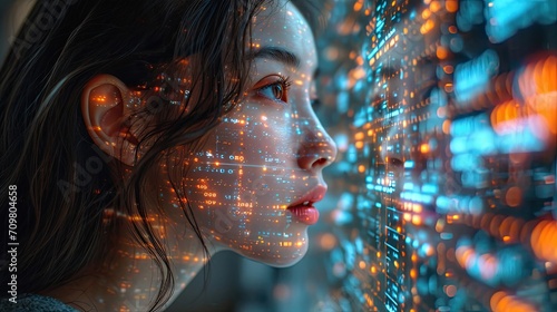 woman is looking at a graphical pattern with code computer on her face staring out at data photo