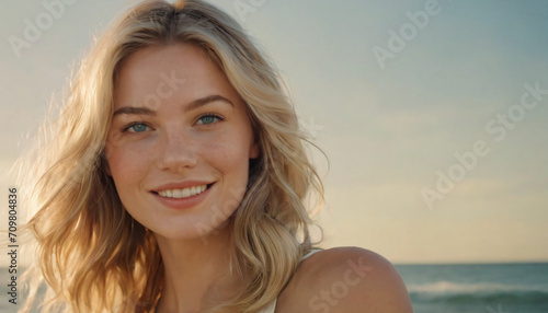 Young Blonde Woman Smiling at Beach in White and Blue Outfit - Graceful, Freckled, Wavy Hair, Elegant Makeup, Soft Light Portrait