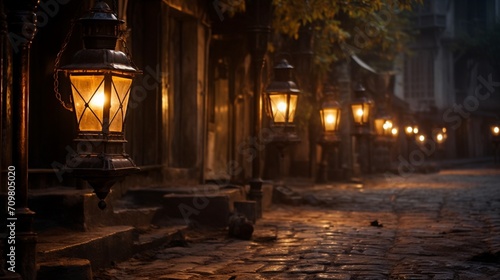 A row of antique lanterns casting warm light on a deserted alley at dusk