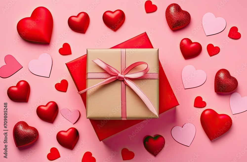 Valentine or Mother day festive border composition with gift or present box and many red hearts on pastel pink background top view. Flat lay greeting card. Valentine or Mother day festive border composition with gift or present box and many red hearts on pastel pink background top view. Flat lay greeting card.
