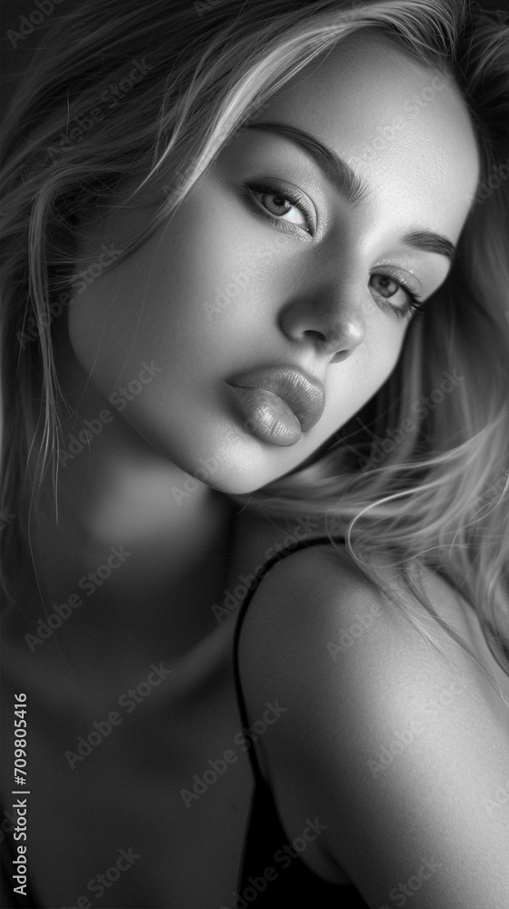 Beautiful young blonde woman posing on fashion shooting black and white, ai technology