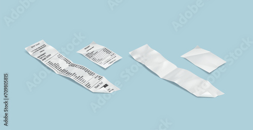 Paper bills realistic vector illustration set. Blank and  filled receipts for purchases in shop. Financial documents 3d elements on light blue
