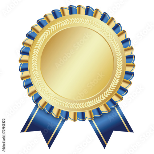Gold medal. Gold medal with blue ribbon. Design winner golden medal prize. Blue ribbon award with gold medal