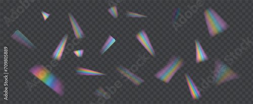 Falling rainbow holographic foil pieces realistic vector illustration set. Iridescent confetti blurry view. 3d elements on transparent background