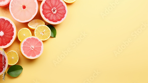 top view of orange grapefour and lemon citrus fruits with herbs on dark background