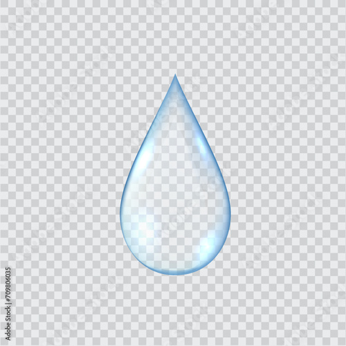 Falling transparent water drop realistic vector illustration set. Clear liquid dripping down. Single tear 3d design on transparent background