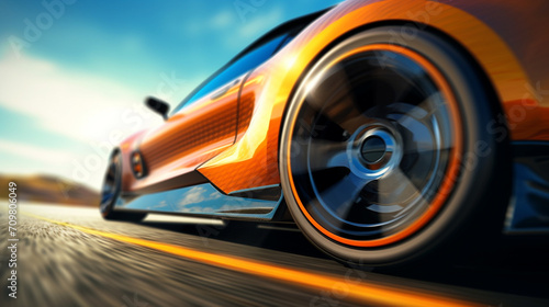 fast moving sport car on highway wallpaper Highway . Powerful acceleration of a supercar illustration . Closeup poster © adel