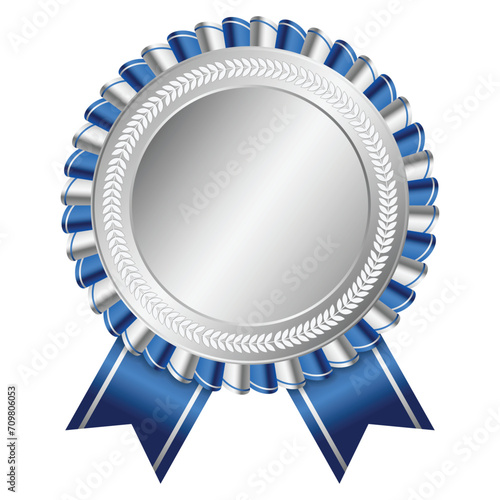 Silver medal. Silver medal with blue ribbon. Design winner golden medal prize. Blue ribbon award with silver medal