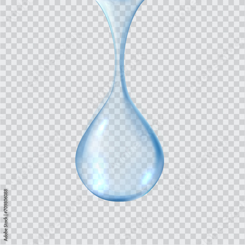 Single hanging raindrop realistic vector illustration set. Fresh water drop. Clear blue liquid leakage 3d design on transparent background