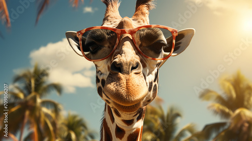 Funny fashion portrait of a giraffe with hipster sunglasses © alexkich