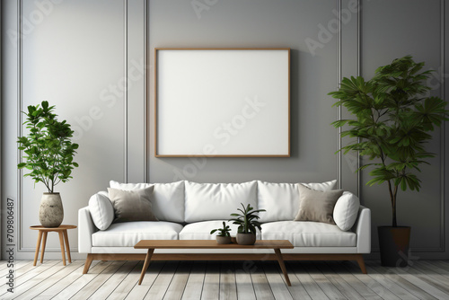 Step into a realm of design possibilities. Envision a simple living room mockup featuring an empty frame, ready to host your creative expressions against the backdrop of understated elegance. © ASMAT