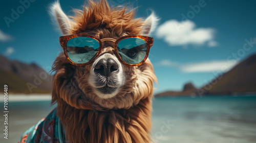 Funny alpaca in sunglasses photo