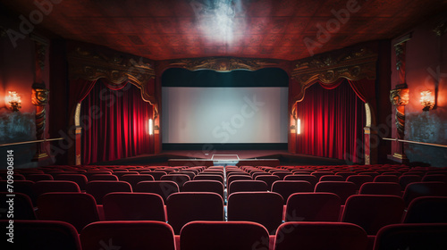 Movie Theater with empty seats and projector.