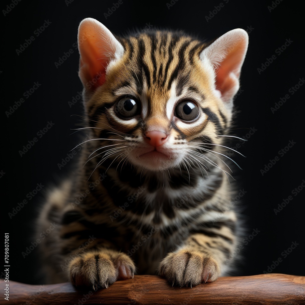 Photo of a baby ocelot with distinctive spots and stripes. Generative AI