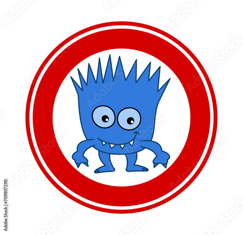 Little smiling blue microbe in traffic sign on white background - vector