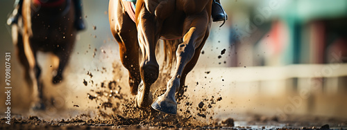 Foto Dust under the horse's hooves. Legs of a galloping horse.
