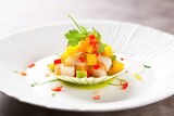 scallop mango salad, red bell pepper julienne, avocado, lime