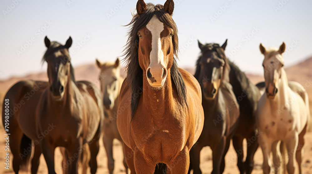 Obraz premium Horse herd run in sunlightwith dust at summer pasture