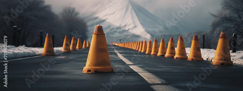 Traffic cones on road with electronic arrow pointing to the right to divert traffic and white car in distance photo