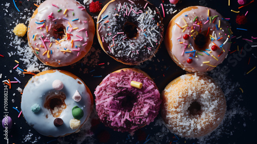 Overhead view of donuts sprinkled with icing sugar