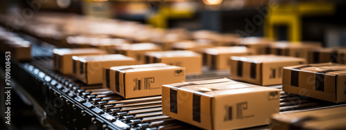 Packages delivery, packaging service and parcels transportation system concept, cardboard boxes on conveyor belt in warehouse, 3d illustration
