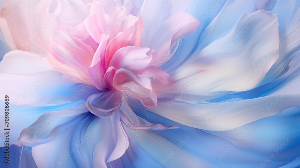 An abstract flower in bright blue and pink, in the style of photorealistic rendering, realistic landscapes with soft edges, flowing fabrics, light white and light gray, rococo pastel colors, bio-art, 