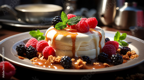 Panna cotta with caramel sauce and fresh berries on a plate.