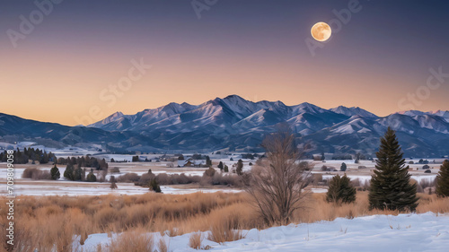 full moon setting over the bridger mountains in winter near bozeman, montana photo