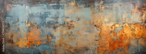 Dark blue orange grainy gradient background, blurry color flow with noise texture, wide banner size