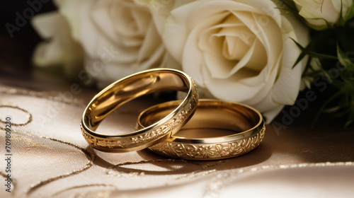 Pair of gold wedding rings placed on a white flower