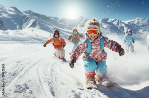 A young brother and sister exude sheer joy as they run together through the snow