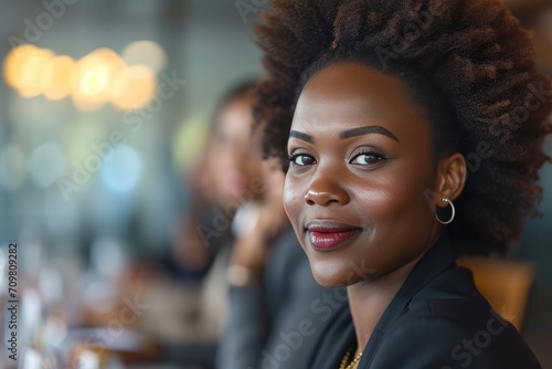 Boardroom Brilliance. Close-Up of a Confident Black Businesswoman Leading a Meeting with Poise and Professionalism.