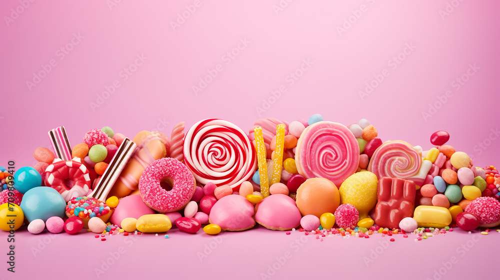 pink background with candies and sweets colorful